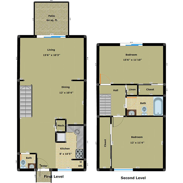 2 bedroom 1.5 bathroom floor plan of Cloisters townhouses with patio or with balcony