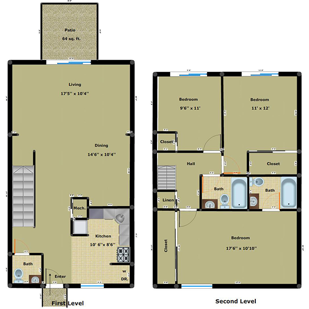 3 bedroom 2.5 bathroom apartment floor plan of Cloisters townhouses for rent in Henrico, VA