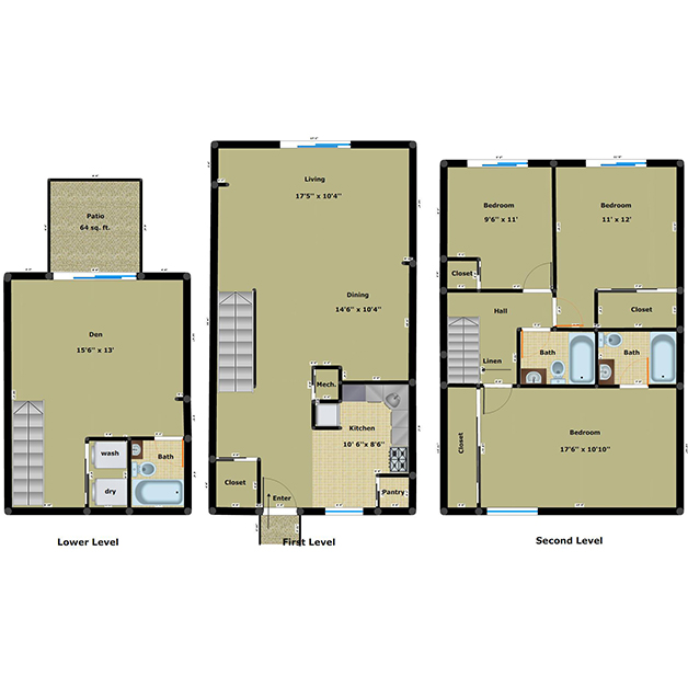 3 bedroom 3 bathroom with den floor plan of Cloisters townhouses for rent in Henrico, VA