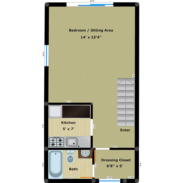 efficiency 1 bathroom floor plan of Cloisters townhouses